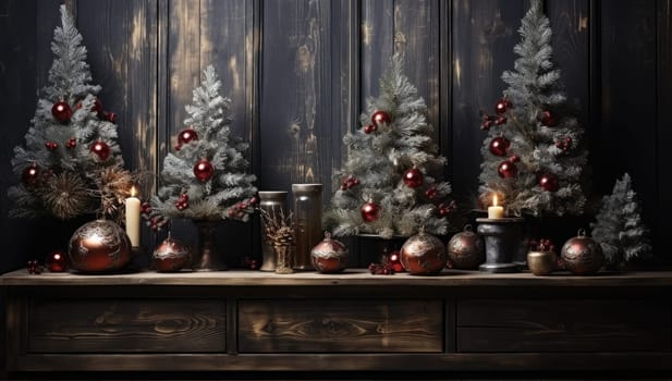 Empty table in front of christmas tree with decorations background. For product display montage.