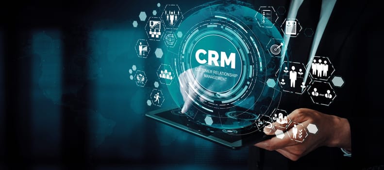 CRM Customer Relationship Management for business sales marketing system concept presented in futuristic graphic interface of service application to support CRM database analysis. uds