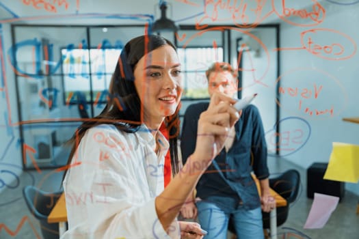 Professional business team brainstorming and working together about marketing project. Female caucasian leader writing idea on stick note while coworker present her idea confidently. Immaculate.