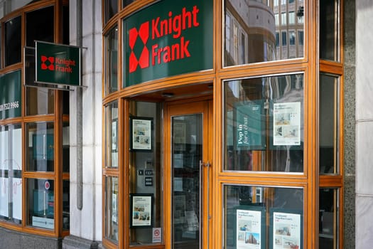 London, United Kingdom - February 03, 2019: Knight Frank branch at Canary Wharf. It is well known UK estate agency  and commercial property consultants with 370 offices in 55 countries