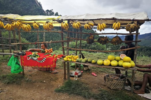 Mandraka, Madagascar - April 24, 2019: Unknown Malagasy locals selling bananas, pomelo and other citrus fruits by the highway. Food is usually sold at roadside, as only few shops exists in this area