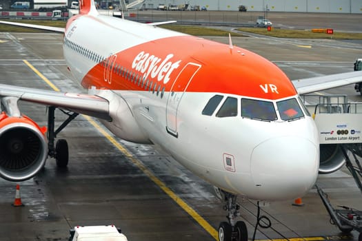 London, United Kingdom - February 05, 2019: Easyjet Airbus A 320 - 214 waits at Luton airport. easy Jet, is a British low cost airline with 65 millions passengers transported (2014) per year