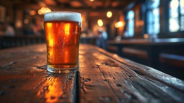 Glass of beer on wooden table. Blurred background with space for text, copyspace, banner.