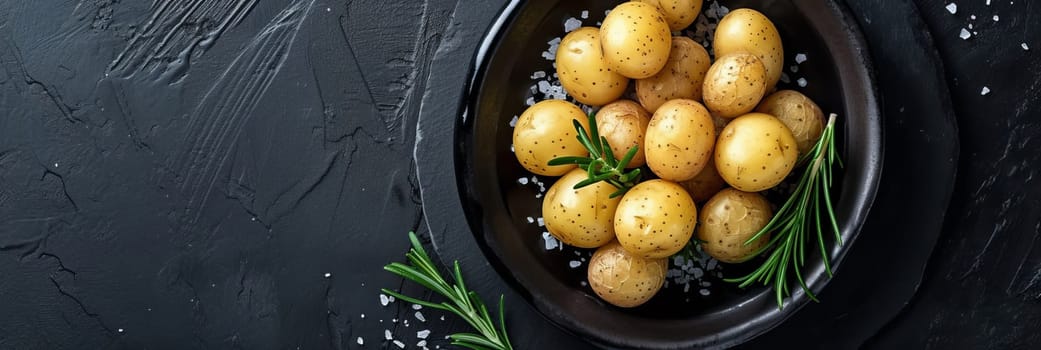 Banner. Boiled baby potatoes with rosemary and sea salt on a black plate, black concrete background. Healthy diet. Vegetarianism. AI generated.