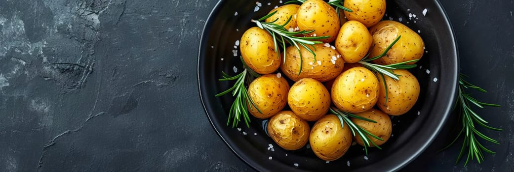 Banner. Boiled baby potatoes with rosemary and sea salt on a black plate, black concrete background. Healthy diet. Vegetarianism. AI generated.