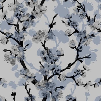 Botanical black and white seamless pattern with sakura cherry branch drawn