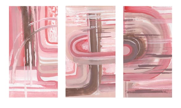 a set of three abstract posters painted with gouache in pink shades for creating posters in the interior