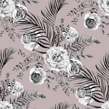 Seamless black and white watercolor pattern with flowers of delicate roses and dry branches and leaves of palm trees