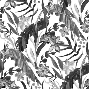 monochrome seamless pattern with tropical flowers plant painted with gouache for textile