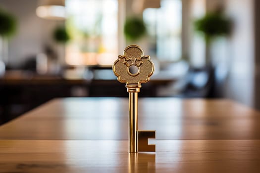 A golden key stands on a wooden table with a bokeh background.