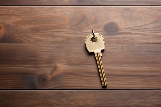 A metal key hangs on a wooden wall.