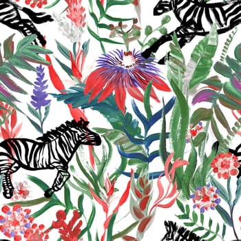 Seamless pattern with running zebras and bright tropical flowers drawn in a painterly style for summer textiles and design