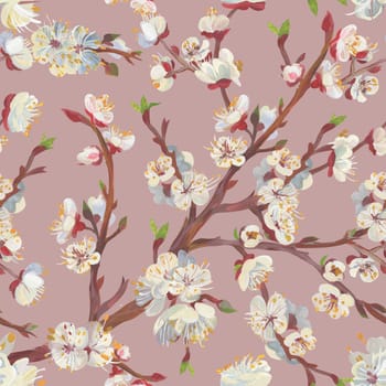 Sakura branches in a Seamless Asian oriental realistic pattern drawn for textile