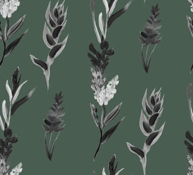 monochrome seamless pattern with tropical dried plant painted with gouache for summer textile