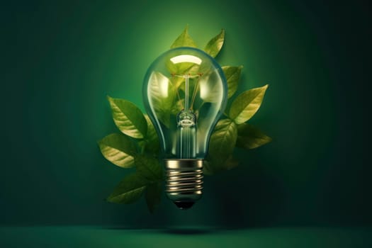 An eco-friendly concept image featuring a bright lightbulb surrounded by fresh green leaves on a dark green background.