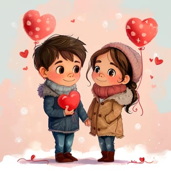 Romantic cards for Valentine's Day, boy and girl with a heart-shaped balloon. AI generated.