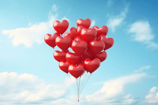 A beautiful cluster of red heart-shaped balloons soaring into the clear blue sky, symbolizing love and celebration.