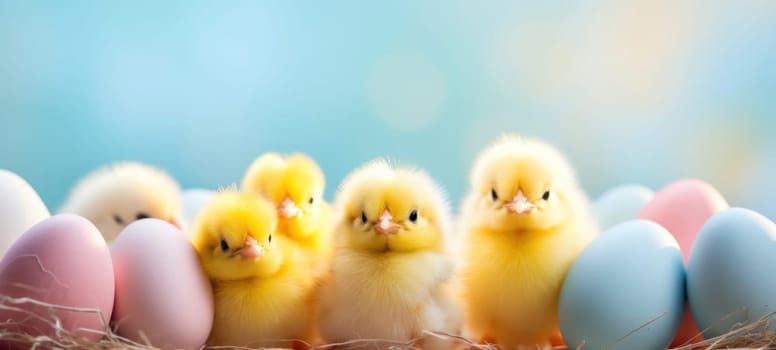 Cute chicks amidst pastel Easter eggs