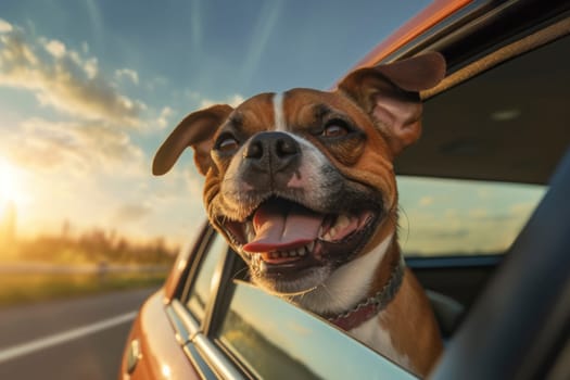 Joyful dog with ears flapping, enjoying a car ride during a beautiful sunset, embodying freedom and happiness.