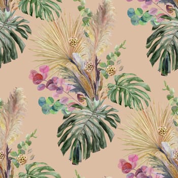 Seamless watercolor botanical pattern with a dry bouquet of palm and monstera leaves on a beige background for textile and surface design