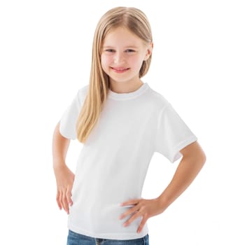 Beautiful smilling little girl posing in a white blank t-shirt isolated on a white background
