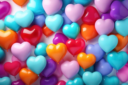 A close-up of densely packed heart-shaped balloons in a multitude of vibrant colors, creating a textured celebration background.