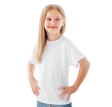 Beautiful little girl posing in a white blank t-shirt isolated on a white background