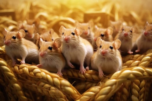 A group of curious mice peeking through golden cornstalks in a field, illuminated by warm, sunset light.