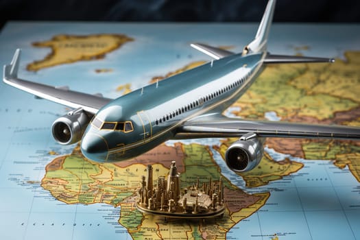 Air Transport. A model of a passenger plane stands on a world map on the table.