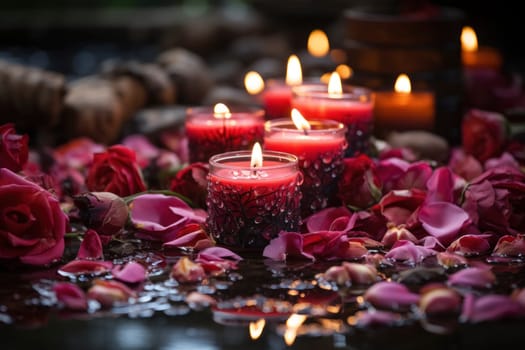 An intimate setting with pink roses and lit candles on a reflective surface, creating a warm, romantic atmosphere.