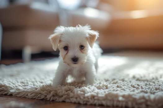 A small white dog stands on top of a rug in this photo.
