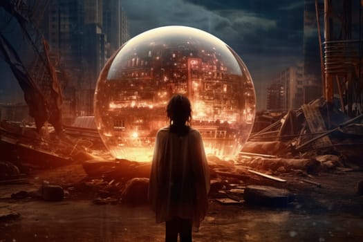 A post-apocalyptic view of a person facing a glowing, futuristic city encased in a crystal sphere amidst ruins.