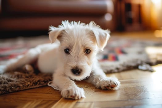 A small white dog is peacefully resting on top of a wooden floor.