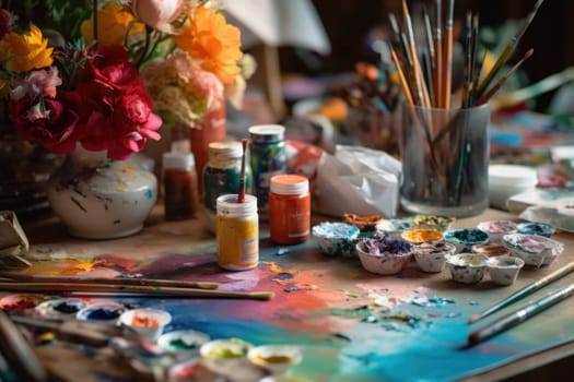 A colorful and chaotic painter's desk with scattered brushes, open paint jars, and vibrant flowers.