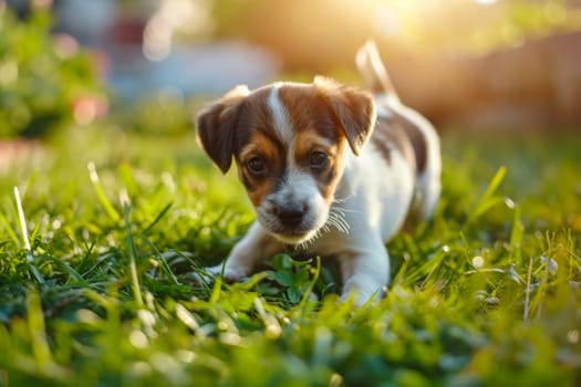 A small brown and white puppy walks gracefully across a vibrant and verdant green field.