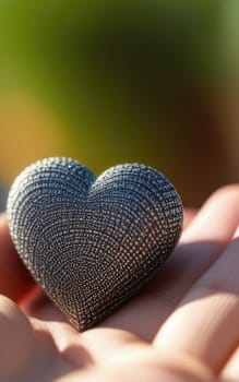 Beautiful fluffy voluminous metallic heart lies on palm in closeup. Womans hand holds heart on blurred background. Copy space. For valentines, mothers day greeting card, love sale banner, voucher