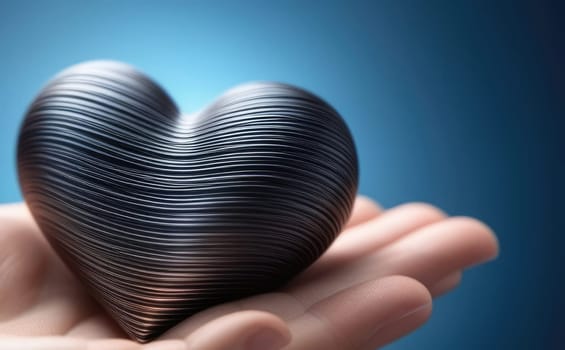 Beautiful fluffy voluminous metallic heart lies on palm in closeup. Womans hand holds heart on blurred background. Copy space. For valentines, mothers day greeting card, love sale banner, voucher