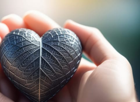 Beautiful fluffy voluminous metallic heart lies on palm in closeup. Womans hand holds heart on blurred background. Copy space. For valentines, mothers day greeting card, love sale banner, voucher