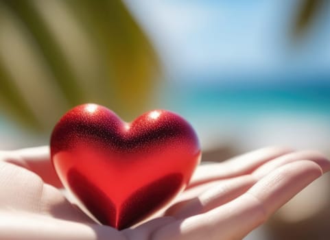 Beautiful fluffy voluminous red glossy heart lies on palm in closeup. Womans hand holds heart on blurred background. Copy space. For valentines, mothers day greeting card, love sale banner, voucher