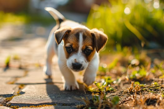 A small brown and white dog confidently walks on a busy urban sidewalk.