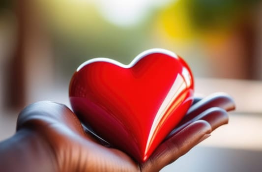 Beautiful fluffy voluminous red glossy heart lies on palm in closeup. Womans hand holds heart on blurred background. Copy space. For valentines, mothers day greeting card, love sale banner, voucher