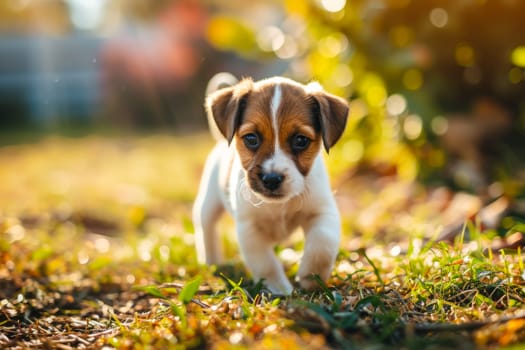 A small brown and white dog stands on top of a grass-covered field under a blue sky.