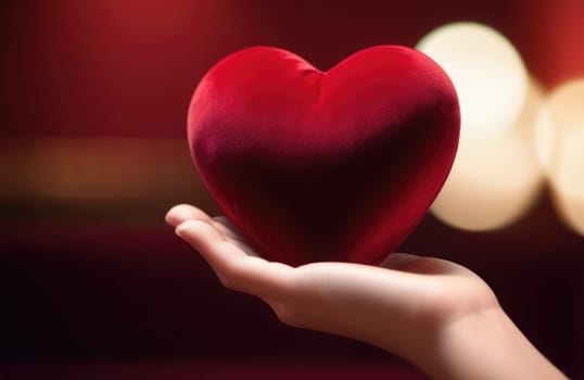 Beautiful fluffy voluminous red velvet heart lies on palm in closeup. Womans hand holds heart on blurred background. Copy space. For valentines, mothers day greeting card, love sale banner, voucher