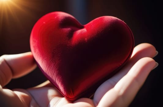 Beautiful fluffy voluminous red velvet heart lies on palm in closeup. Womans hand holds heart on blurred background. Copy space. For valentines, mothers day greeting card, love sale banner, voucher