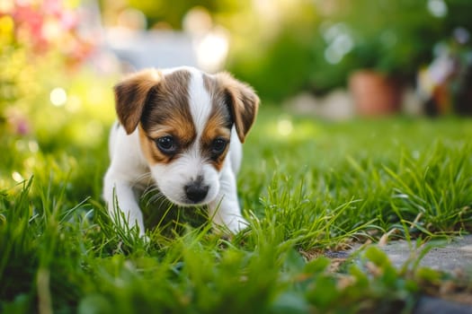 A small brown and white puppy is seen walking across a vibrant and verdant green field.