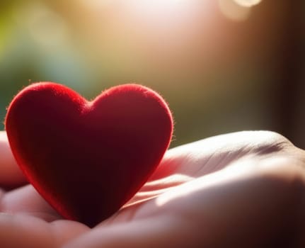 Beautiful fluffy voluminous red velvet heart lies on palm in closeup. Womans hand holds heart on blurred background. Copy space. For valentines, mothers day greeting card, love sale banner, voucher