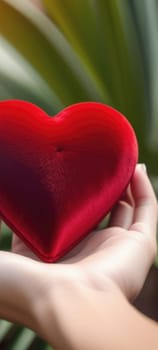 Beautiful fluffy voluminous red velvet heart lies on palm in closeup. Womans hand holds heart on blurred background. Copy space. For valentines, mothers day greeting card, love sale banner, voucher