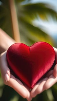 Beautiful fluffy voluminous red velvet heart lies on palm in closeup. Womans hand holds heart on blurred background. Copy space. For valentines, mothers day greeting card, love sale banner, voucher