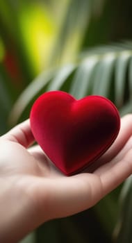 Beautiful fluffy voluminous red velvet heart lies on palm in closeup. Womans hand holds heart on blurred background. Copy space. For valentines, mothers day greeting card, love sale banner, voucher