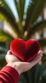 Beautiful fluffy voluminous red velvet heart lies on palm in closeup. Womans hand holds heart on blurred background. Copy space. For valentines, mothers day greeting card, love sale banner, voucher